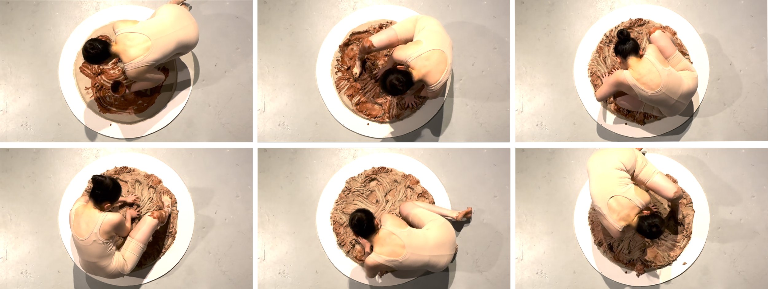 A woman in a beige dress is sitting in a circular pattern on a large chocolate cake with swirled frosting, seen from above in six different angles.