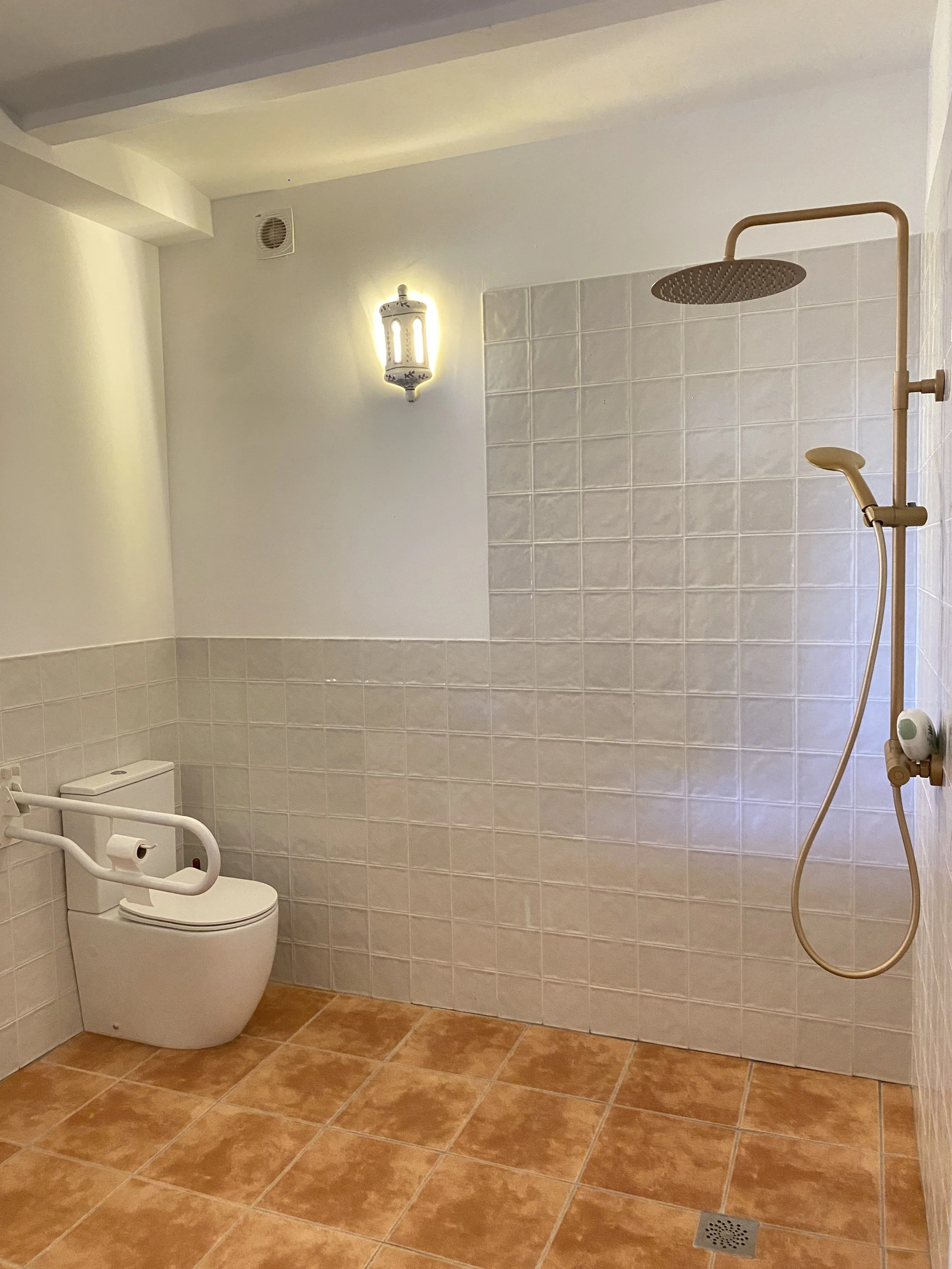 Baño accesible con ducha a ras de suelo y barras de apoyo en Toledo