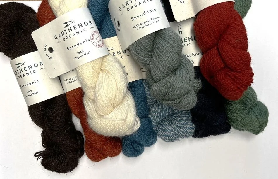 Seitsemän lankavyyhtiä, eri väriä, kuten ruskea, punainen, valkoinen, harmaa, sininen, musta, ja vihreä.