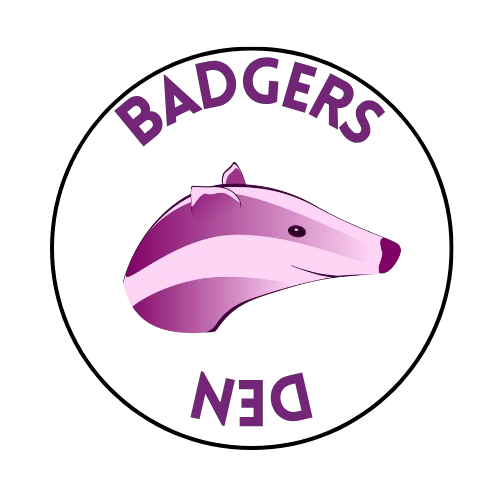 Logo featuring a stylized purple and pink badger's head with text above and below. Saying Badger's Den.