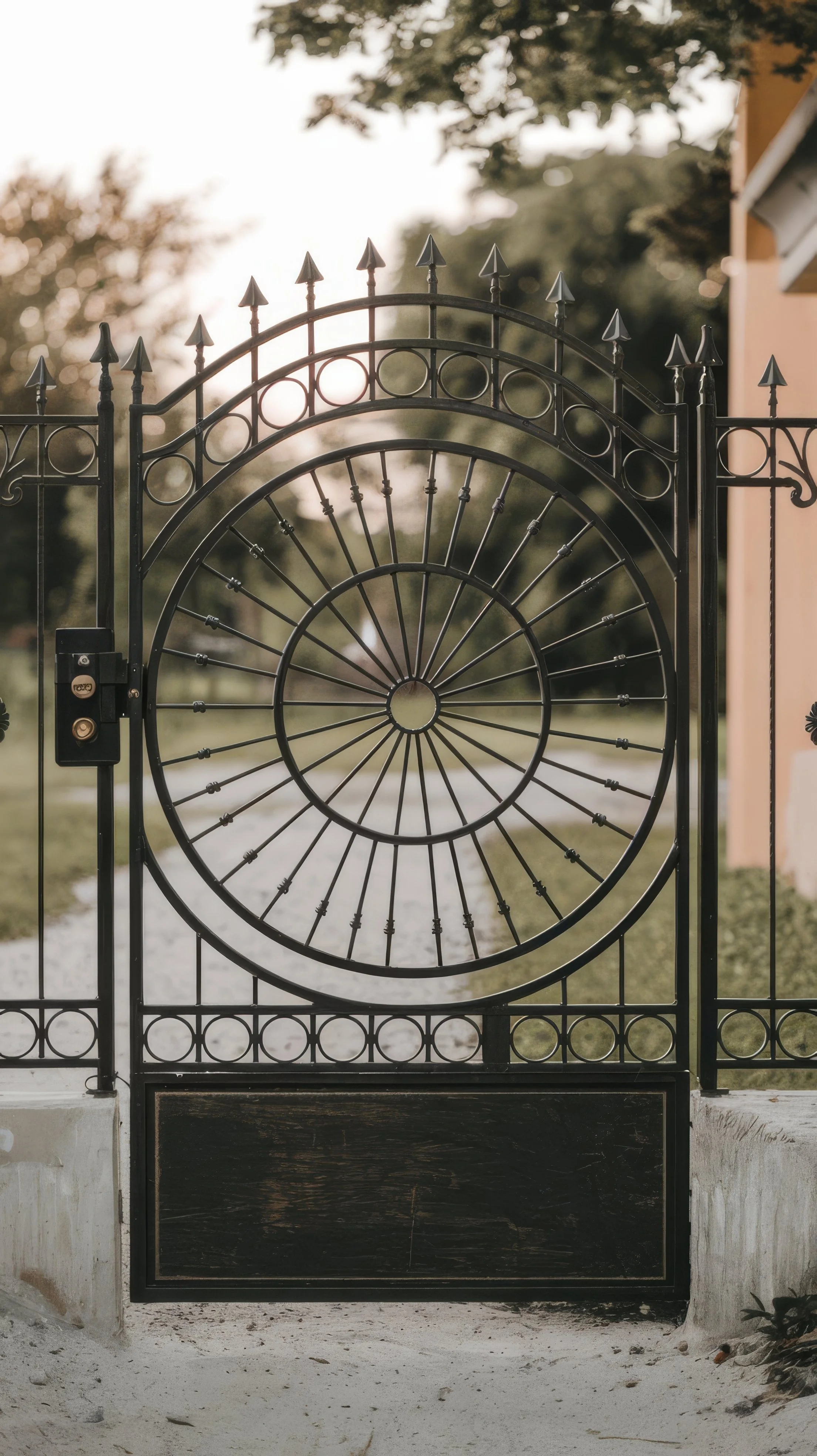 Black wrought iron gate with circular and arrow-shaped decorative elements, set against a background of green trees and a building with a beige wall, illuminated by warm sunlight.
