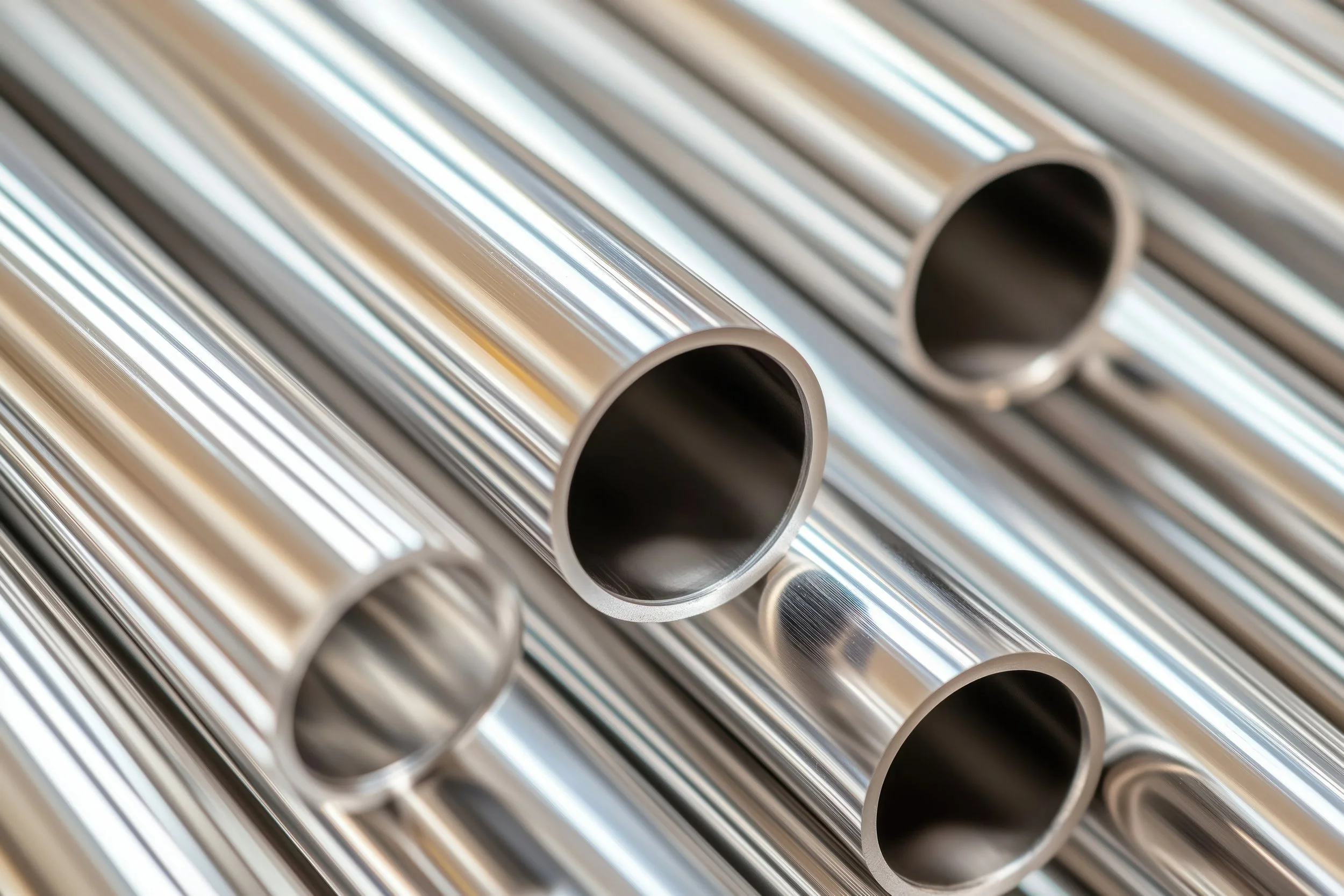 Close-up of metallic cylindrical pipes arranged in parallel.