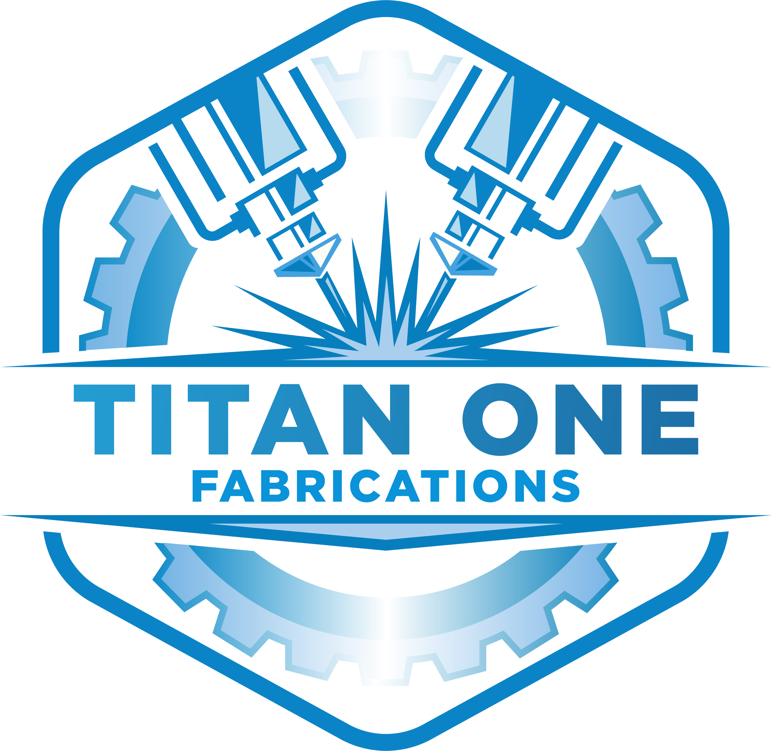 Logo for Titan One Fabrications featuring a stylized gear and shield design in blue with text in capital letters.