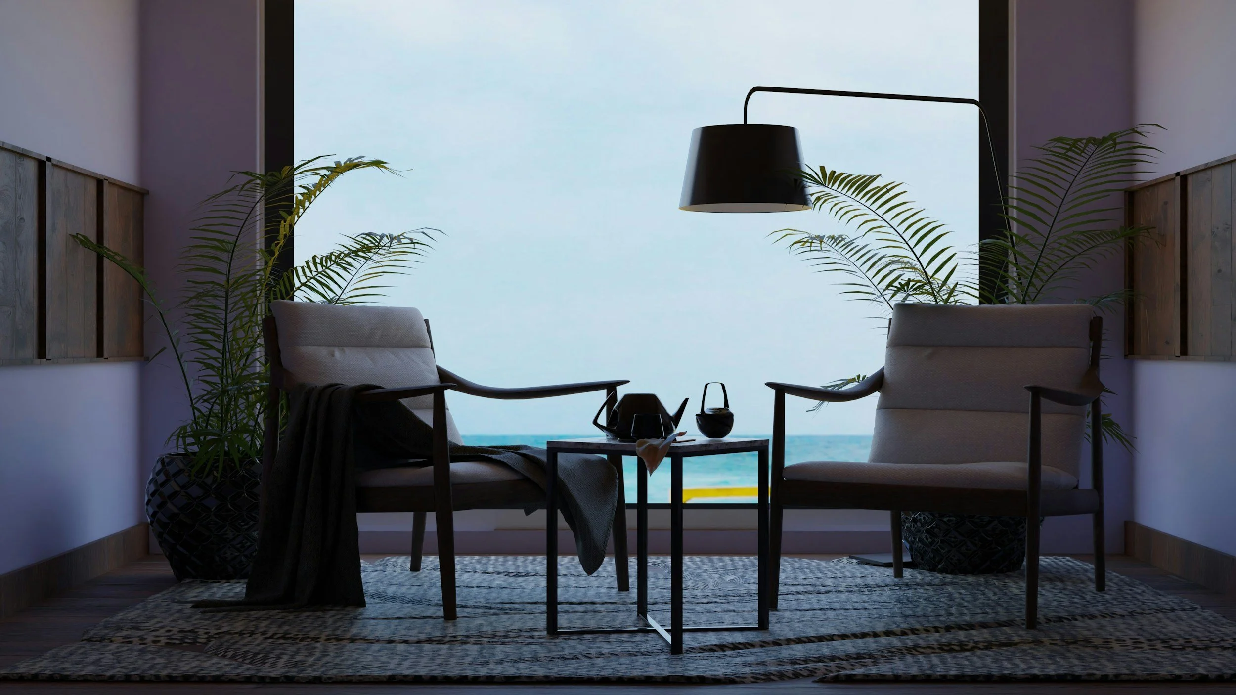 Fauteuil beige rond sur un tapis en rotin, avec une grande plante verte à côté, dans une pièce lumineuse avec de grandes fenêtres et des rideaux blancs laissant passer la lumière.