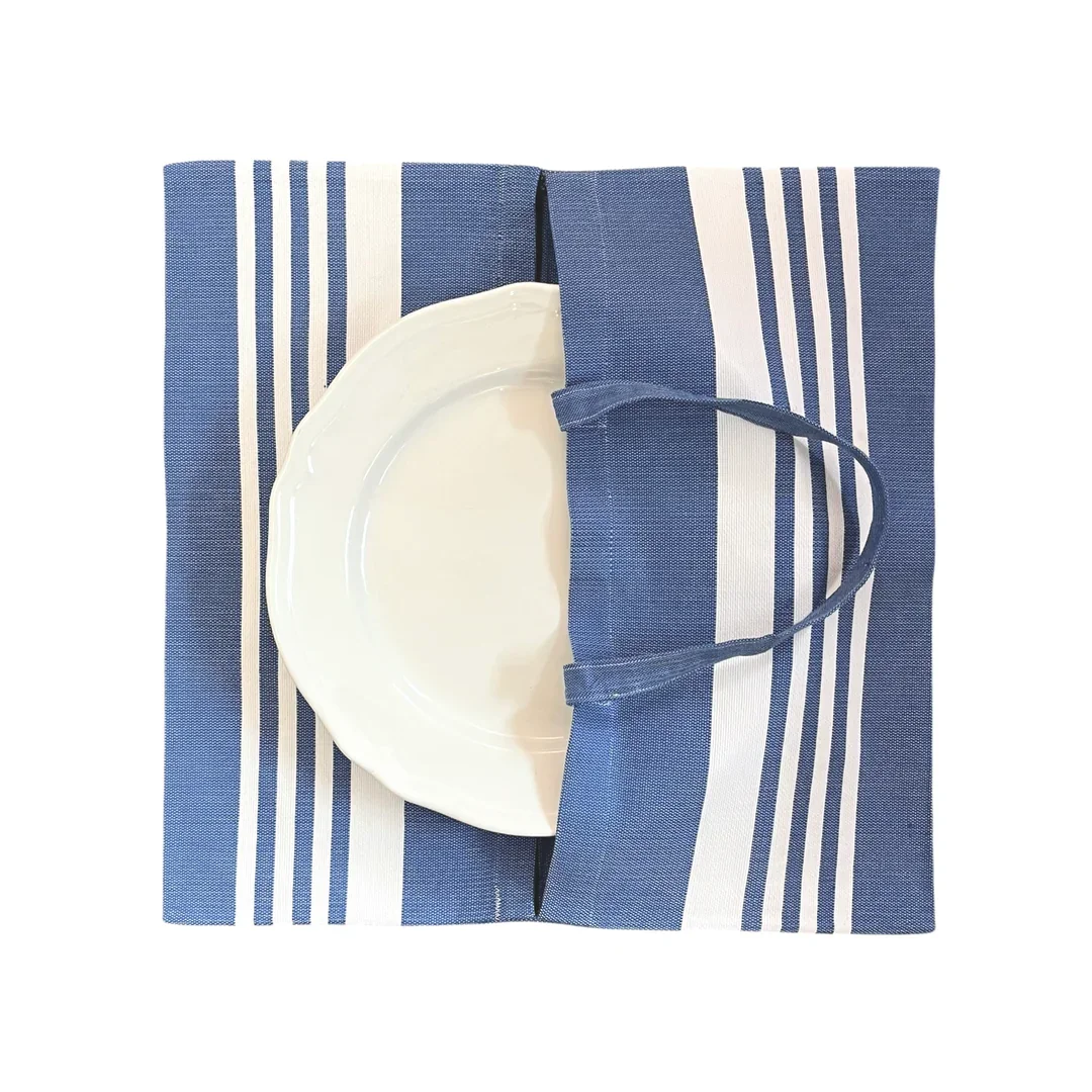 A white ceramic plate partially covered by a blue and white striped cloth, with blue handles.