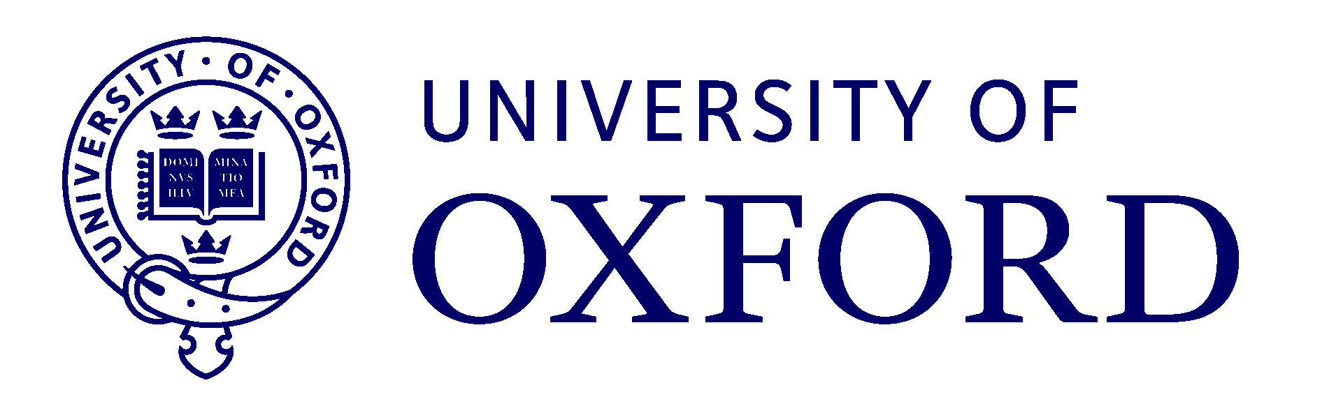 University of Oxford logo featuring a blue emblem with a crown and open book with Latin text, next to the words 'University of Oxford' in blue.