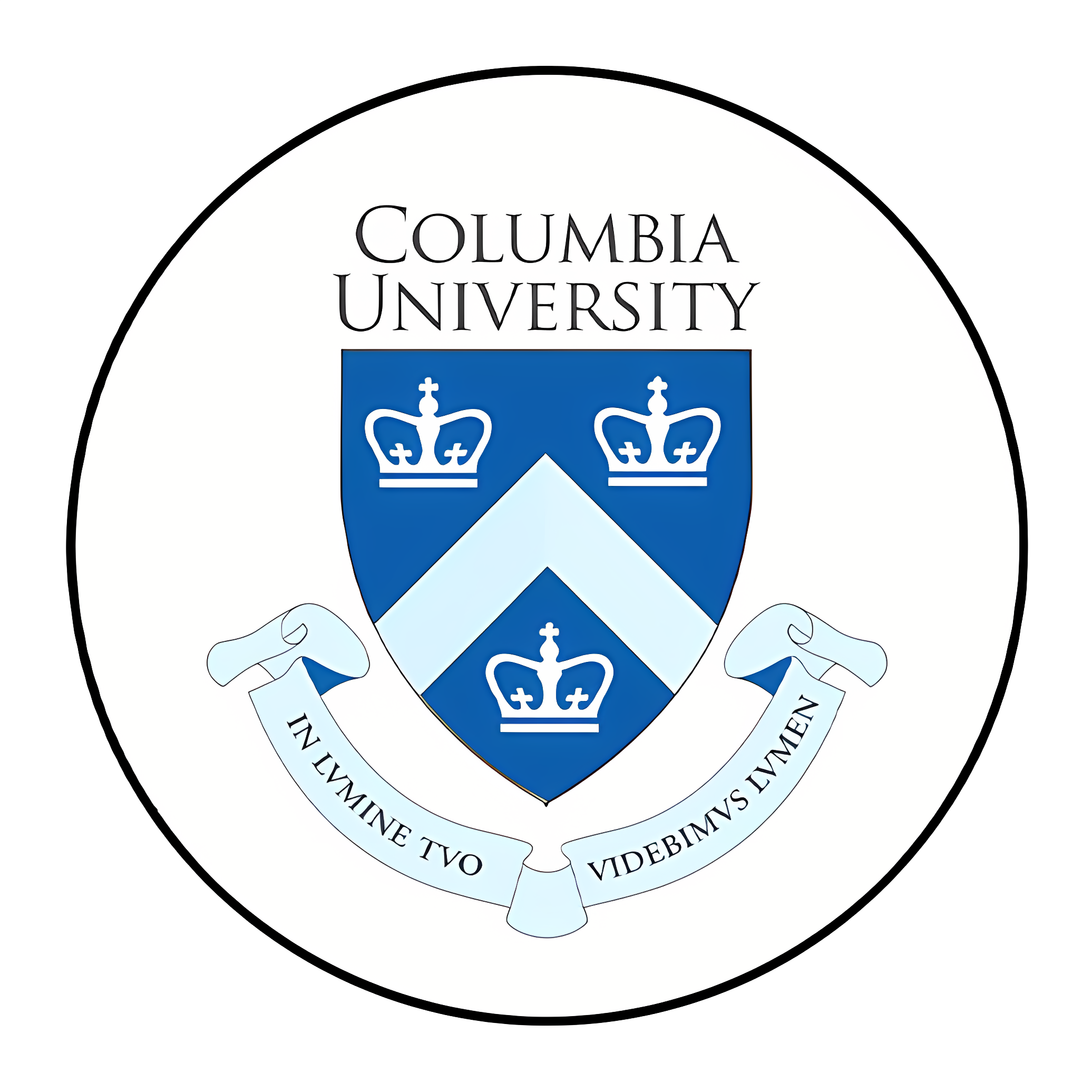 Columbia University seal featuring a shield with three crowns and a chevron, surrounded by a white border with Latin motto 'IN VLMME TVO / VIDEBIMVS LVMEN'.