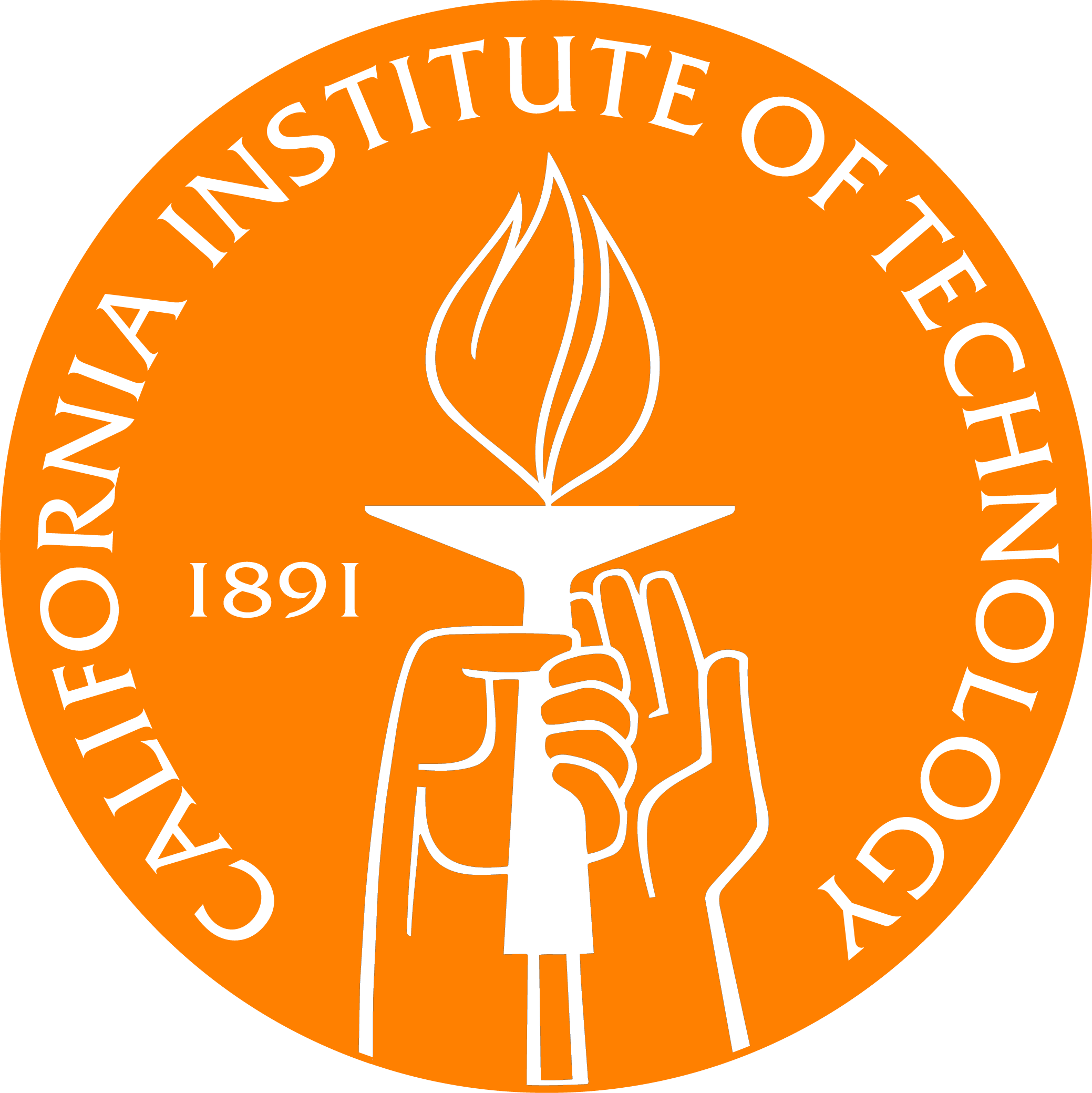 Seal of the California Institute of Technology featuring a hand holding a candle with a flame, surrounded by the text 'California Institute of Technology 1891' on an orange background.