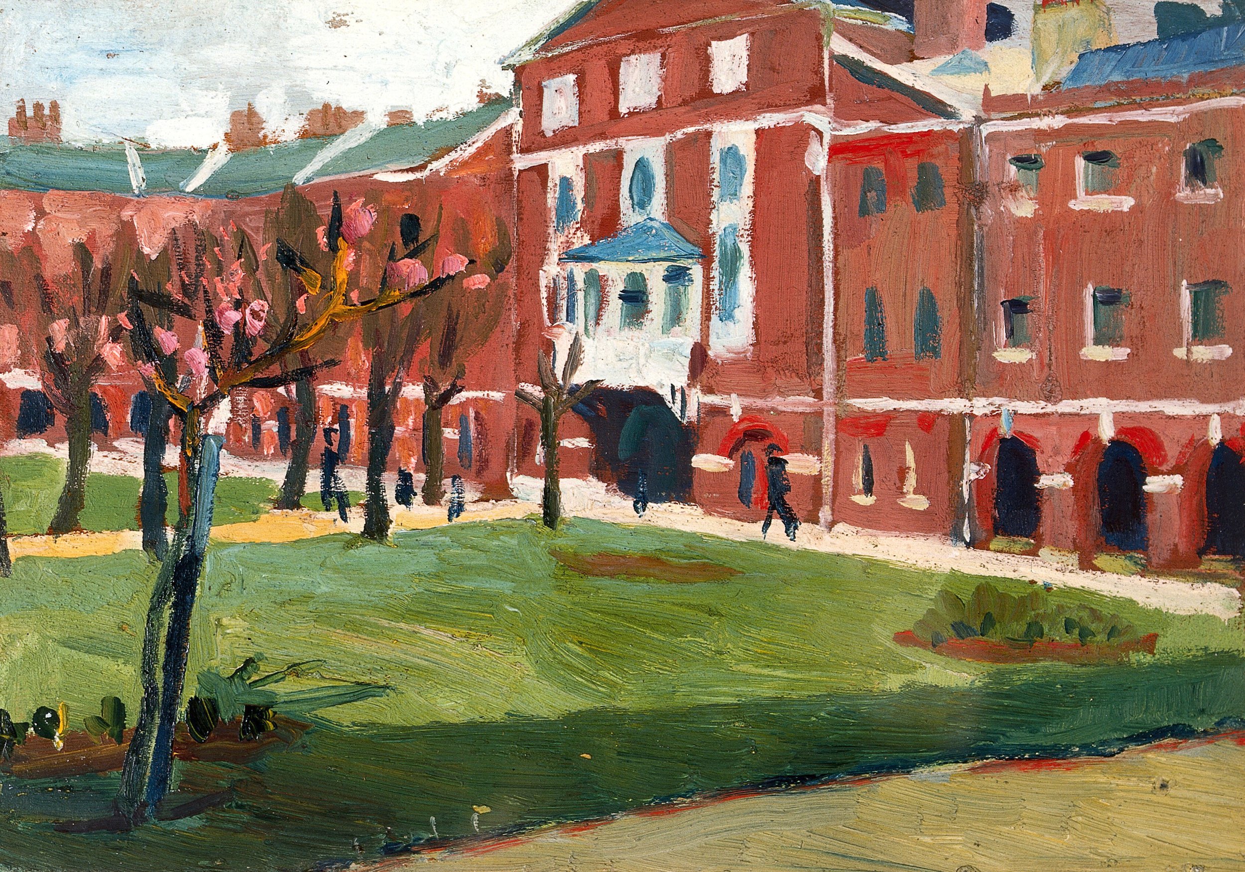 An impressionist painting of a college campus or a city park, with pink-blossomed trees, a large red brick building with arches and a blue roof, and people walking along a sidewalk.