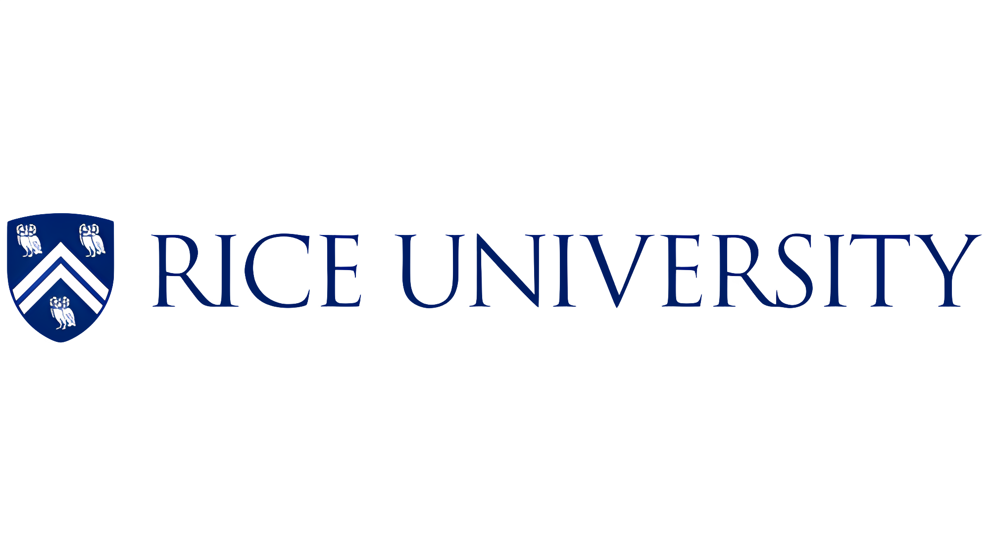 The logo of RICE University, featuring a shield with chevrons and lions, and the university's name in blue to the right of the shield.