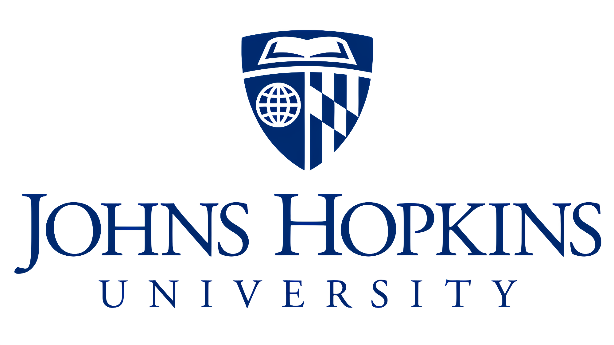 The logo of Johns Hopkins University featuring a shield with a globe and the university's name in blue.