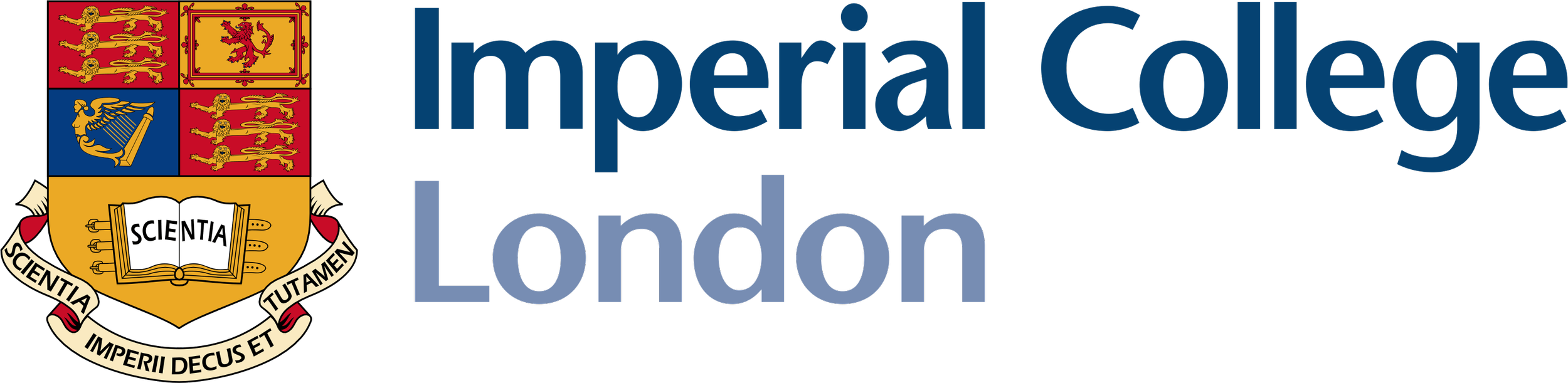 Logo of Imperial College London, featuring a crest with heraldic symbols, a Latin motto, and the institution's name in blue text.