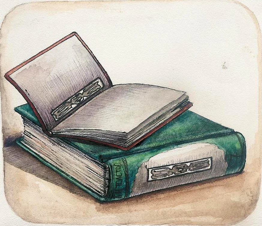 A watercolor painting of two stacked books with an open book on top, featuring a bookmark, against a plain background.