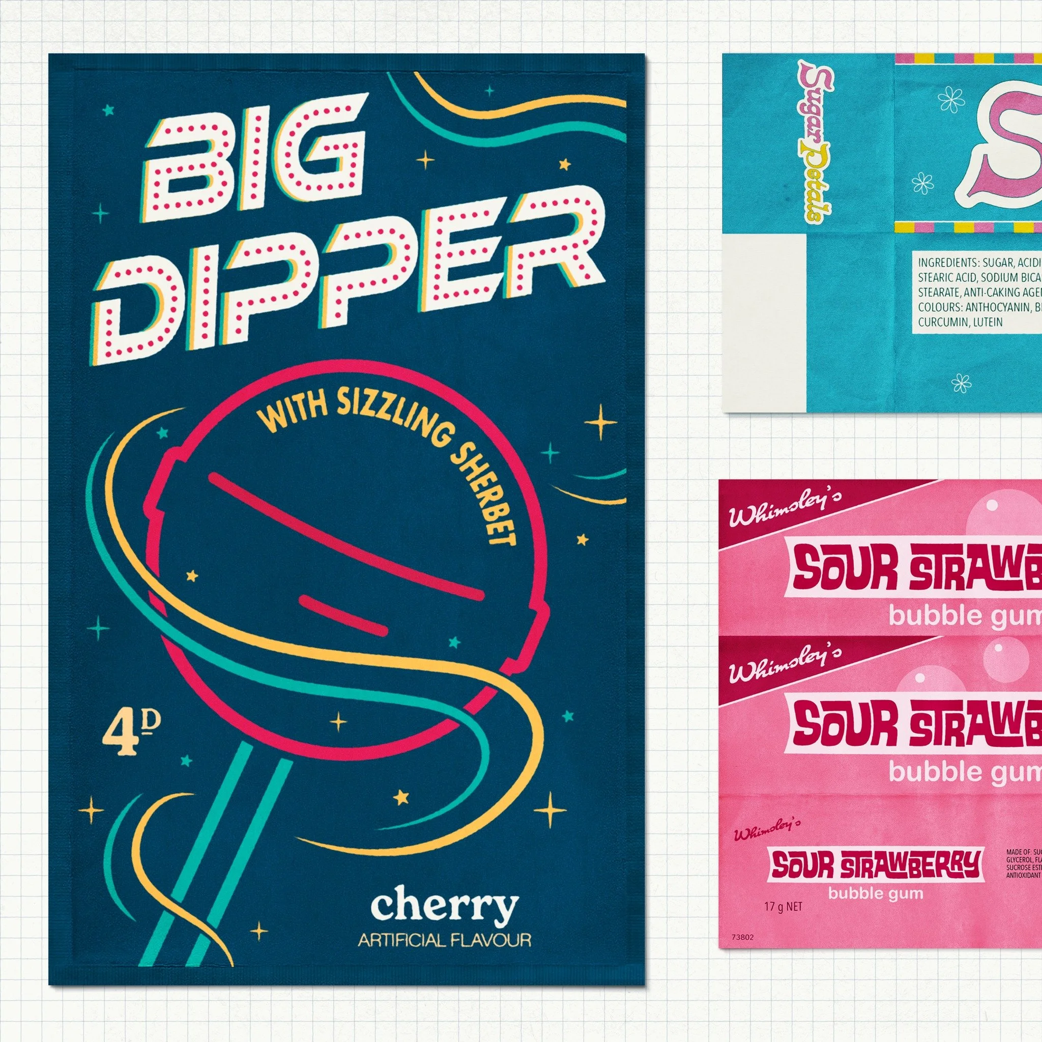🍬 Retro Sweet Packaging 🍬

My take on what the shelves of a confectionery store in 1970 might have looked like! I enjoyed the whole process of researching and channelling the era's bright aesthetics into these designs, and had plenty of fun coming 