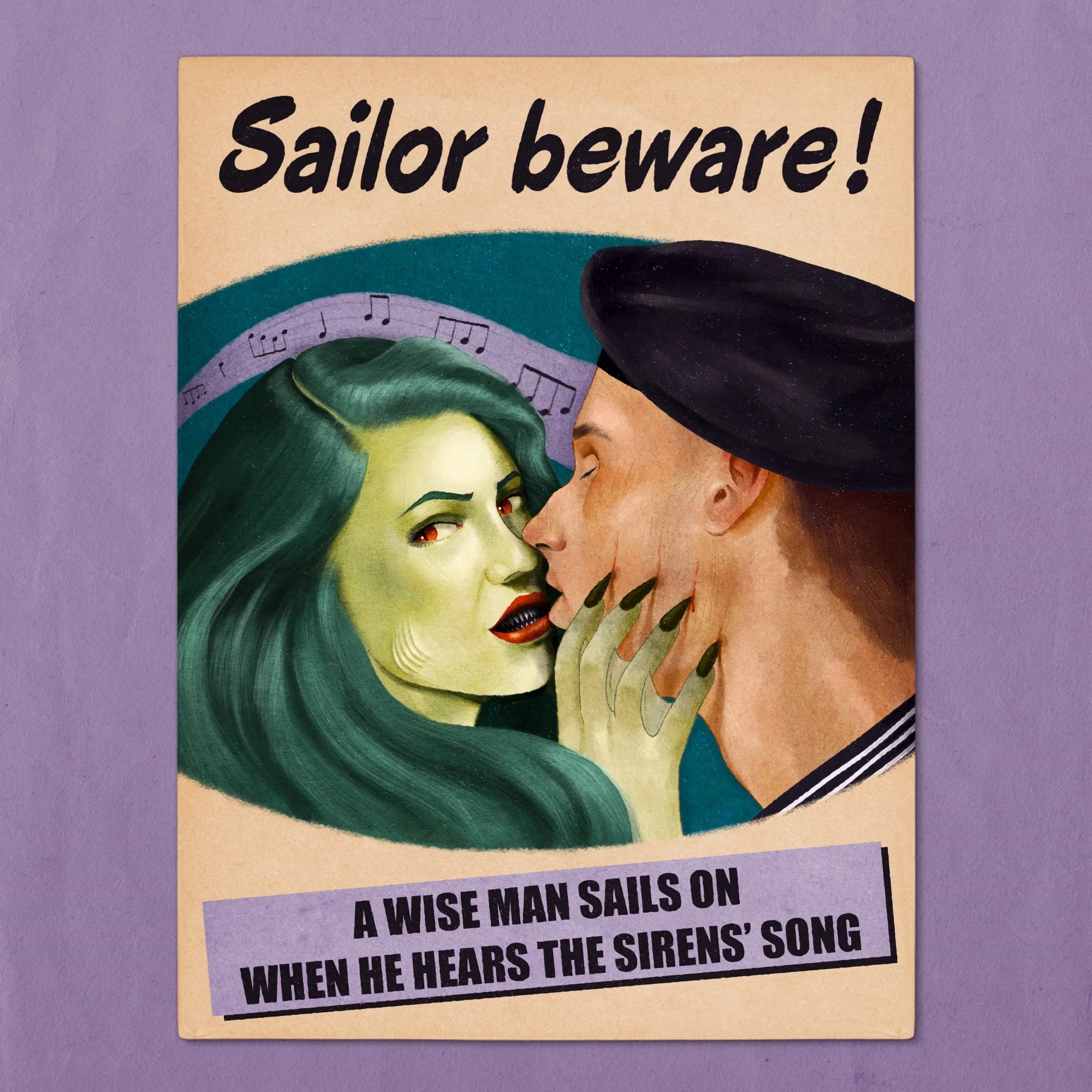 🌊 Sailor Beware - Poster 🌊

This poster was part of my third-year university coursework, where I was tasked to combine the themes of 'paranormal' and 'threat'. The design is based on 1940s propaganda, particularly those targeting and vilifying wome