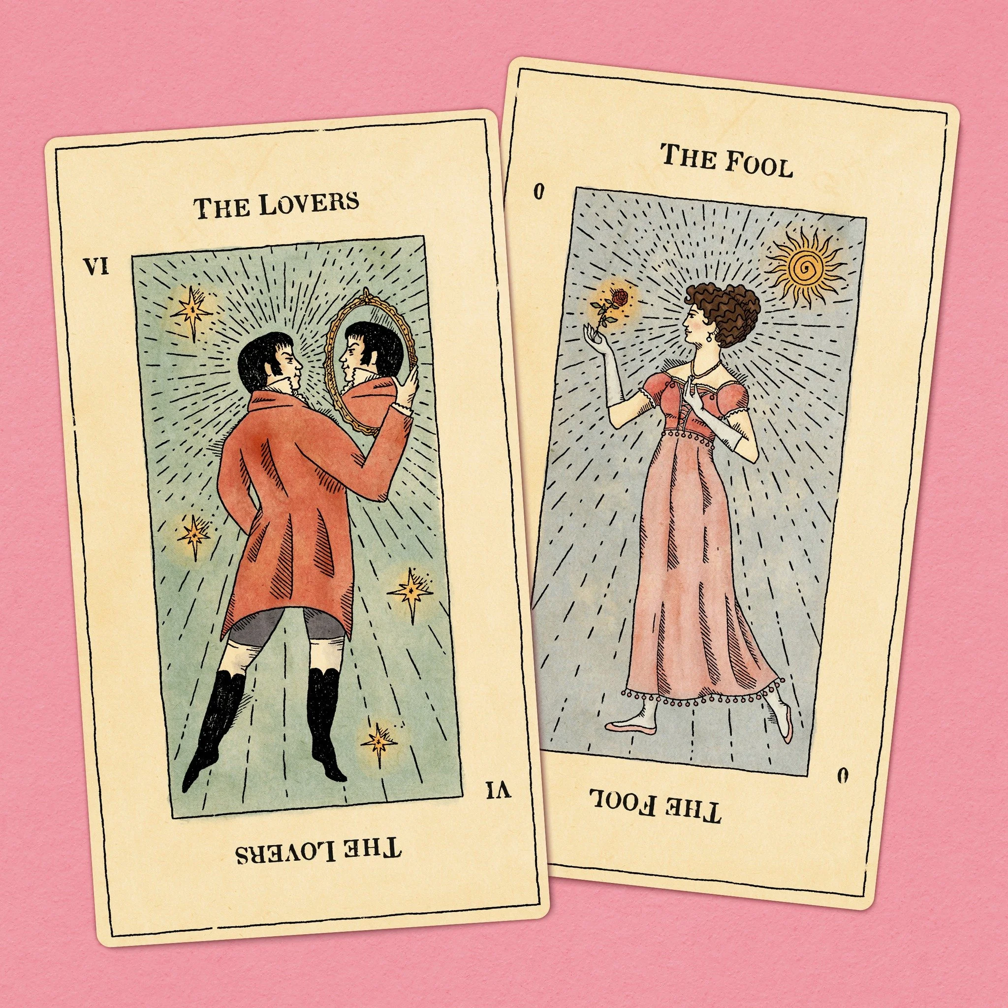 Regency era inspired tarot cards and an invitation I designed for a personal project 🌞

#regencyeradesign #tarotcarddesign #graphicprops #graphicpropdesign #vintageillustration #thelovers #thefool