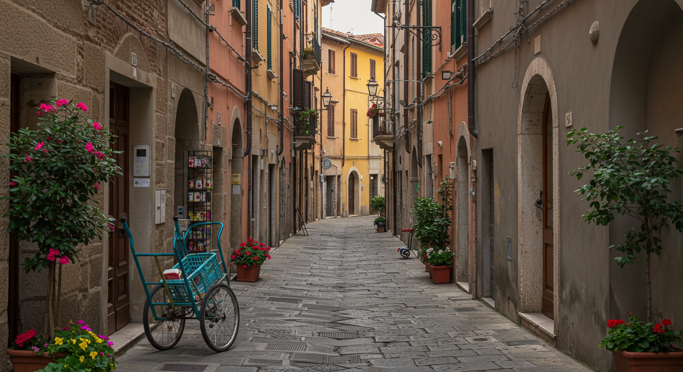 Empty narrow European street with potted plants, a bicycle, and colorful buildings.