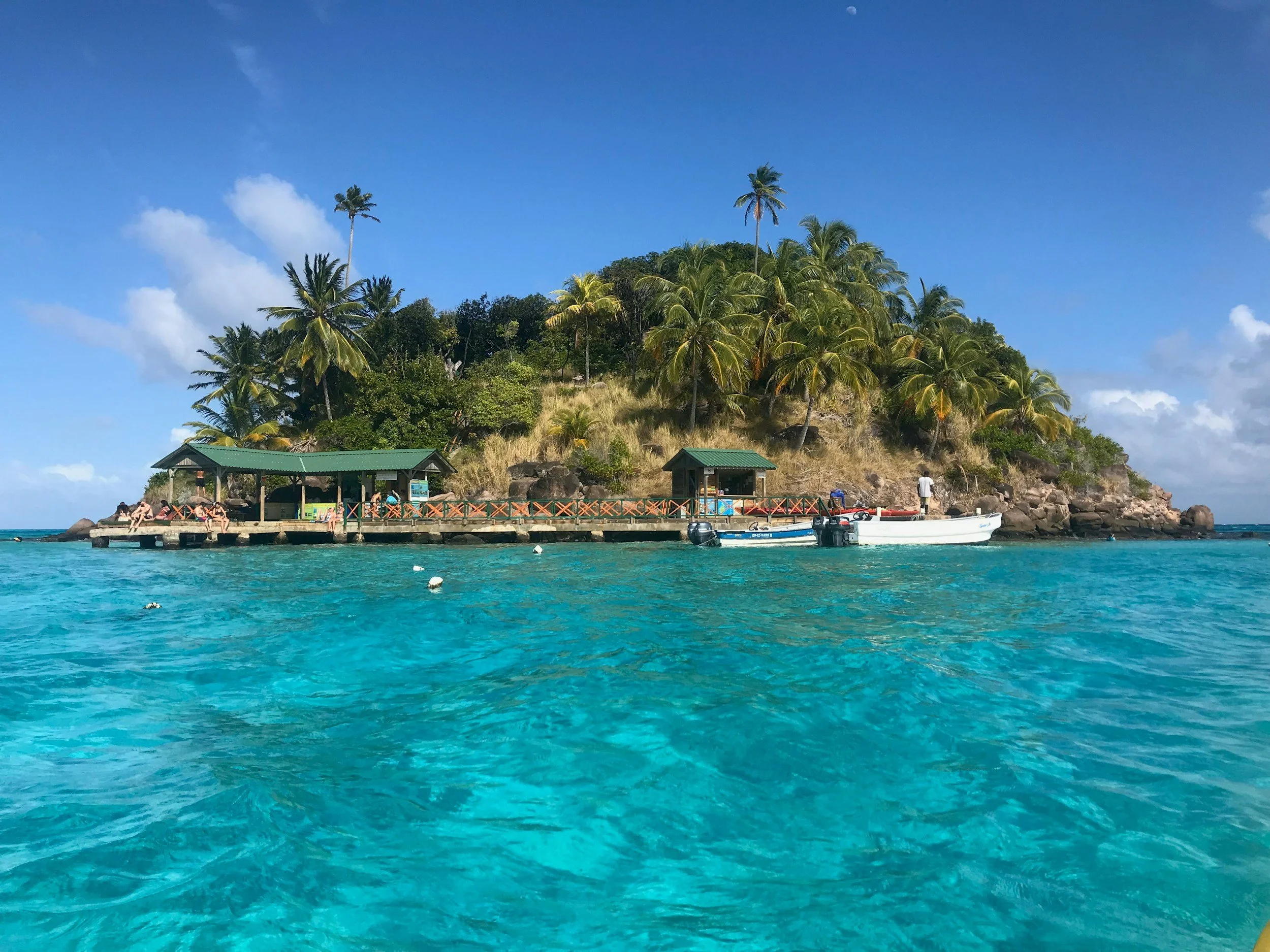 A tropical island with palm trees, a small shelter, and boats along the water, under a blue sky with some clouds.