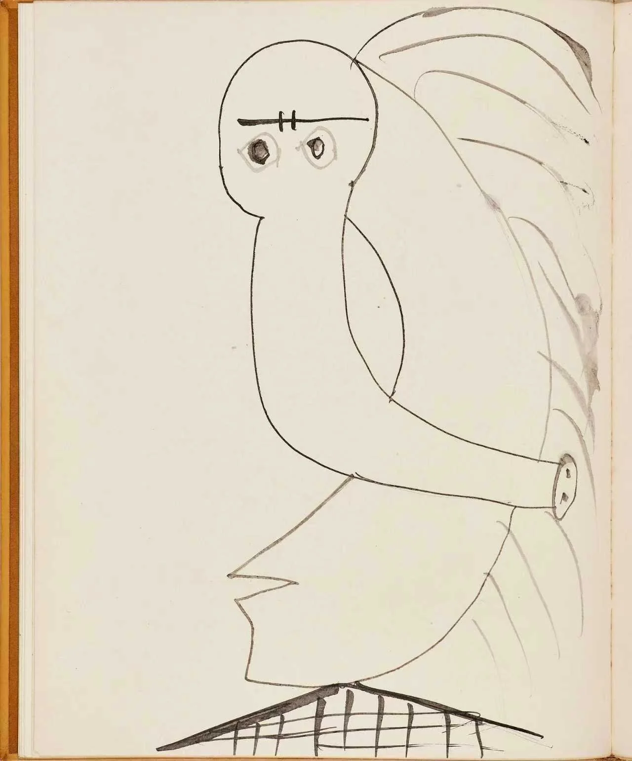 A simple line drawing of a bird standing on one leg, with a long neck and large wing feathers, with a plain background.