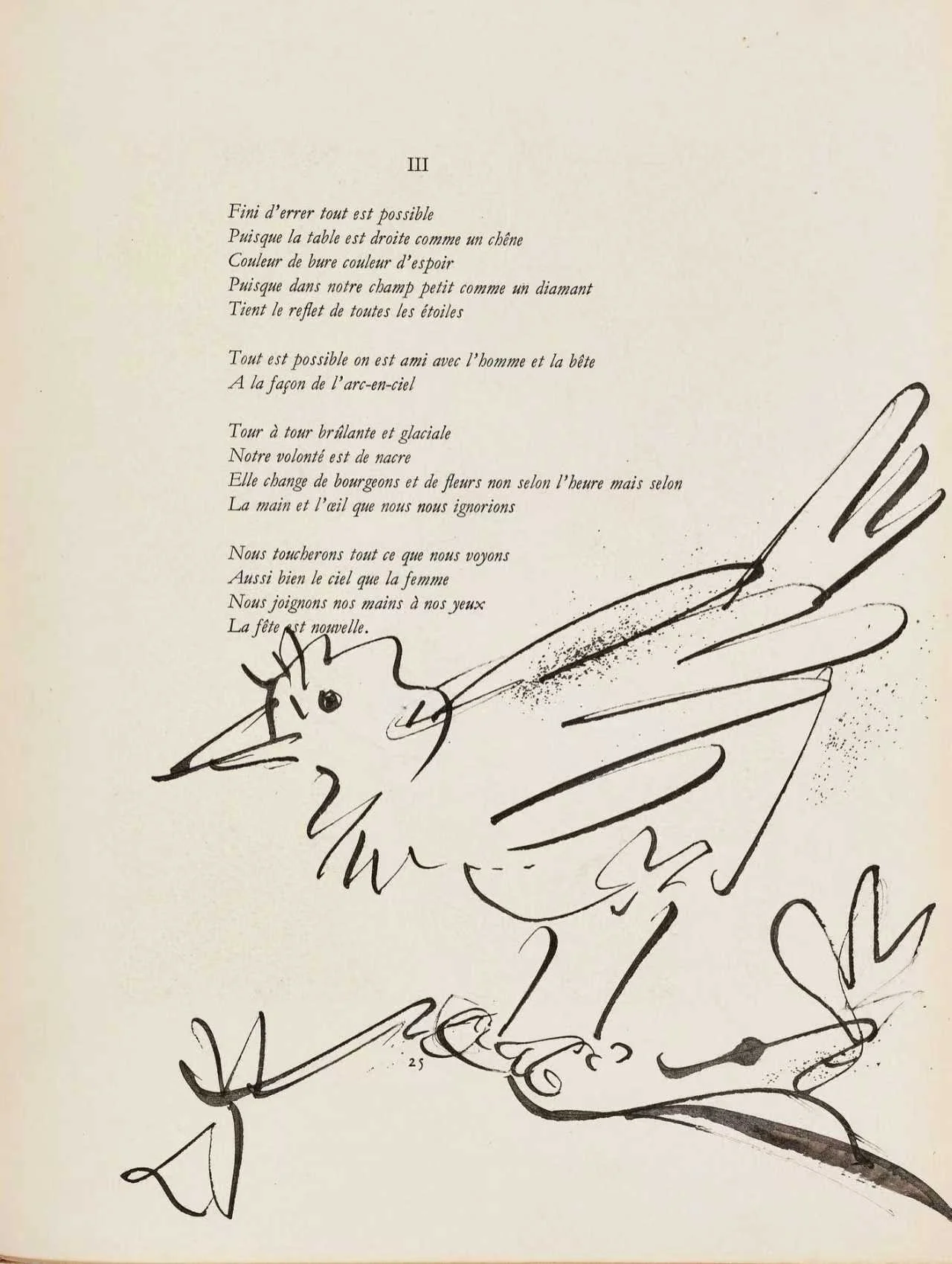 A handwritten poem in French with a simple sketch of a bird in black ink, featuring an elegant posture and outstretched wings.