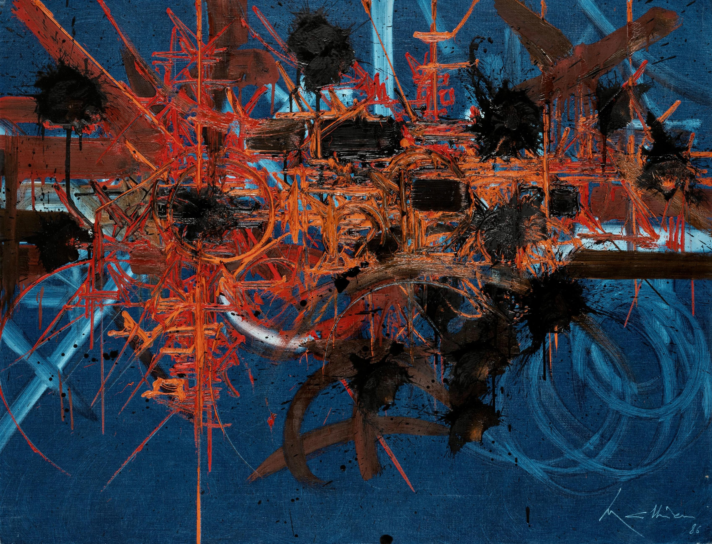 Post-war abstraction, George Matthew, fine canvas oil painting, energetic brush strokes and splatters in shades of blue, red, black, and brown.