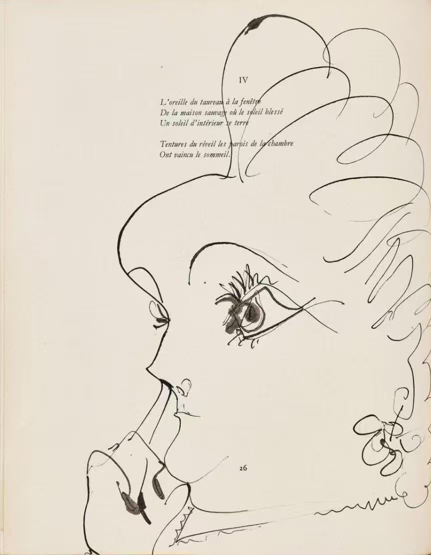 A minimalist line drawing of a person's face in profile with a large eye, nose, and lips, and a hand touching their chin. There is also handwritten French text and musical notation on the page.
