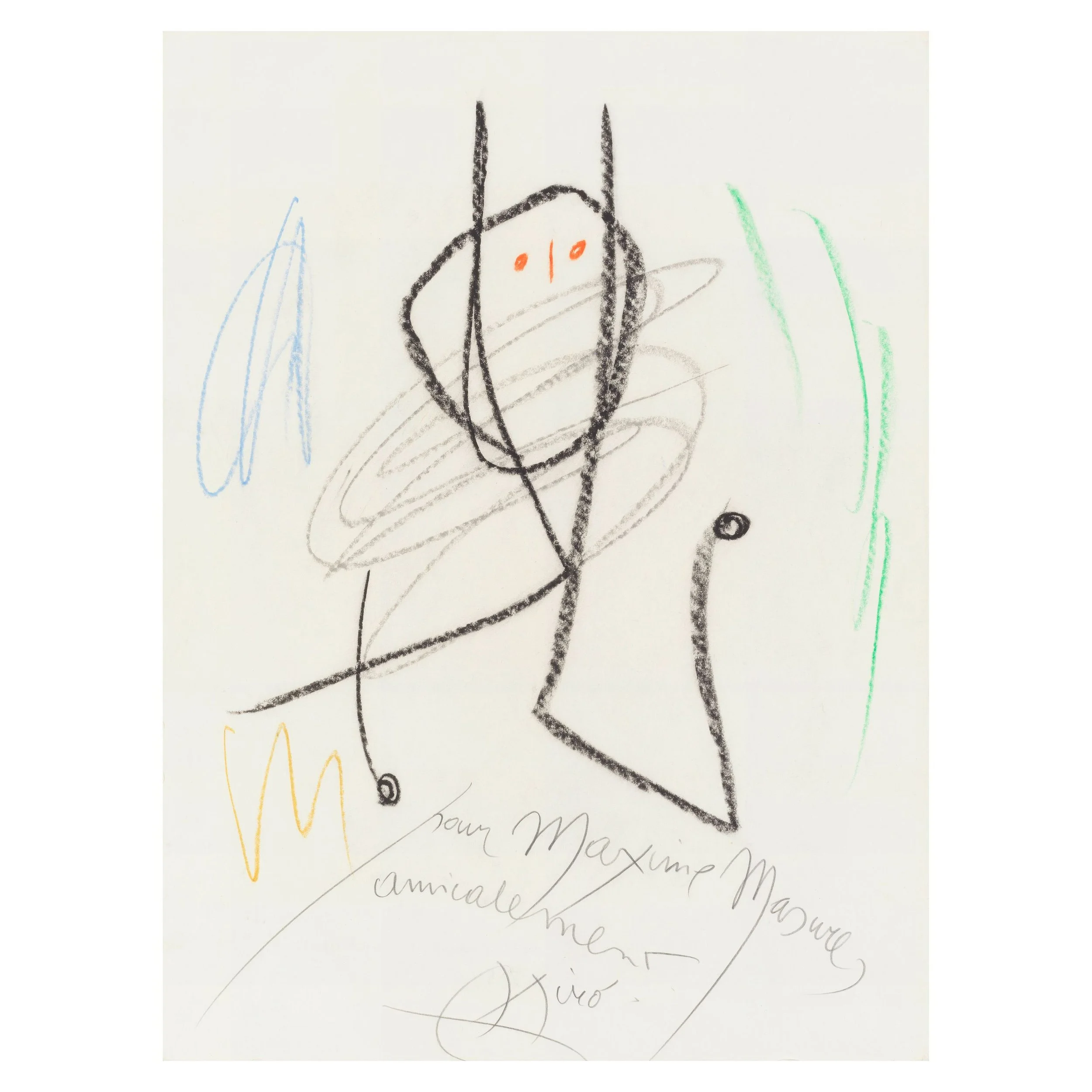 Child's drawing on paper, featuring a black stick figure and colorful scribbles in blue, green, yellow, orange, and gray, with handwritten text partially visible.