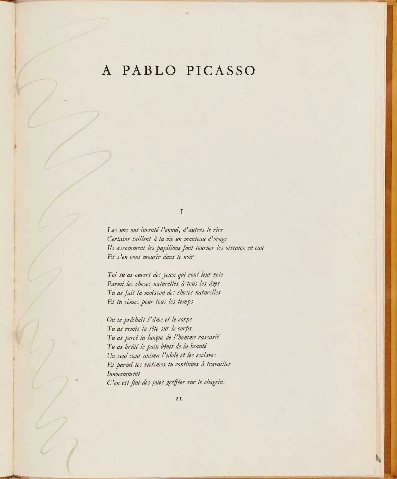 A page from a book titled 'A PABLO PICASSO' with a poem in French.