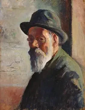 A portrait of an elderly man with a white beard, wearing glasses, a dark hat, and dark clothing, looking over his shoulder.