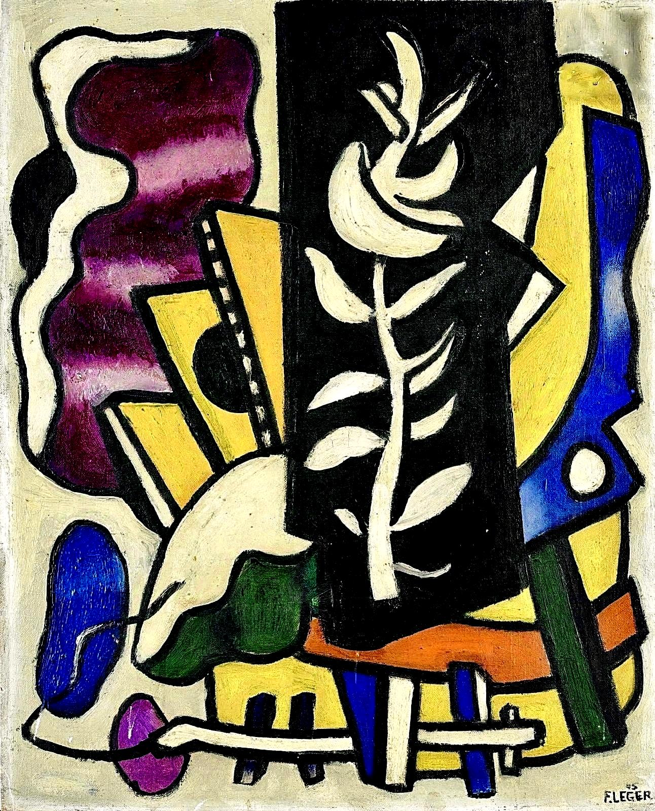 Abstract painting with bold black outlines, geometric shapes, and bright colors including purple, yellow, blue, green, and orange.