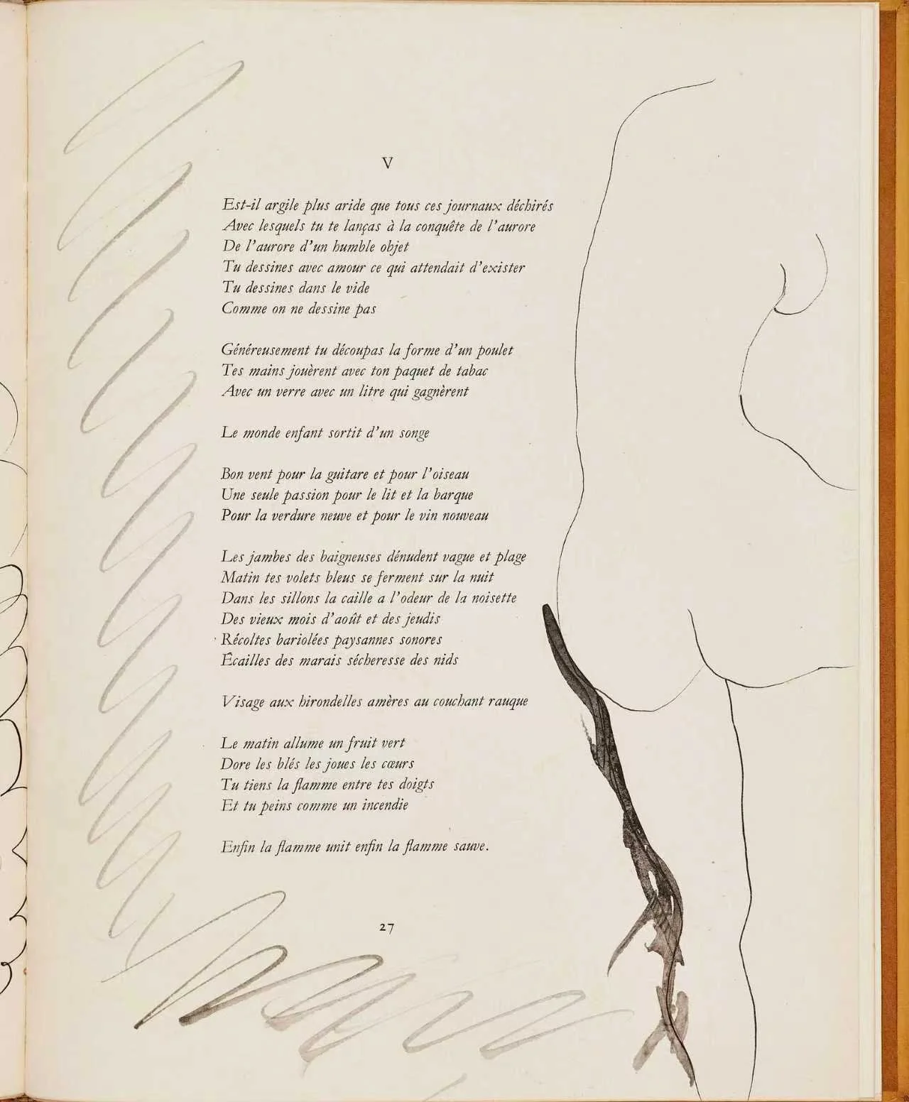 A page from a book or manuscript containing a poem written in French, with decorative ink sketches and lines surrounding the text.
