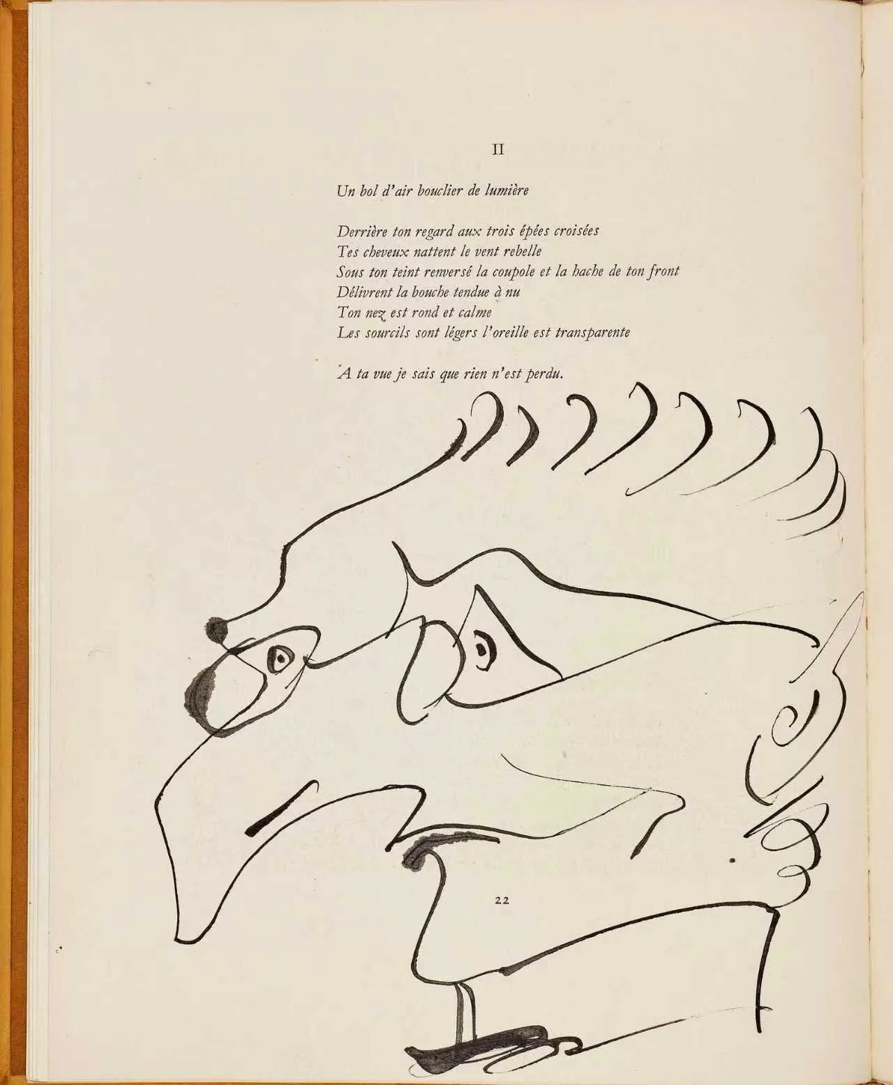 A black ink line drawing of a dog's head with closed eyes, along with a wing and abstract shapes. French poetic text is at the top of the image.