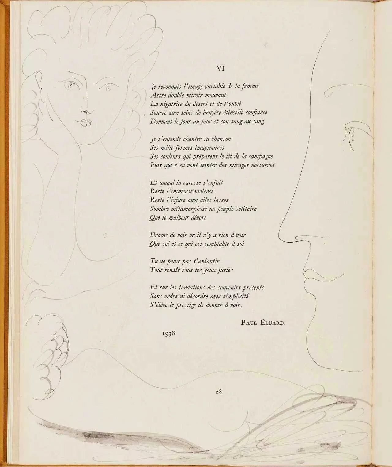 A handwritten poem with a line drawing of a woman's face on the left side and a side profile of a man's face on the right side. The poem is titled 'VI' and is signed by Paul Eluard, dated 1938.