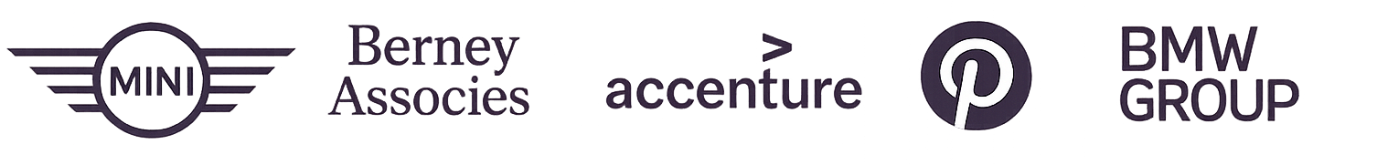 Logo combiné de plusieurs entreprises, notamment MINI, Berney Associates, Accenture, Pinterest, et BMW Group. Entreprises dans lesquelles Aude Ambrosini a acquis de l'expérience.