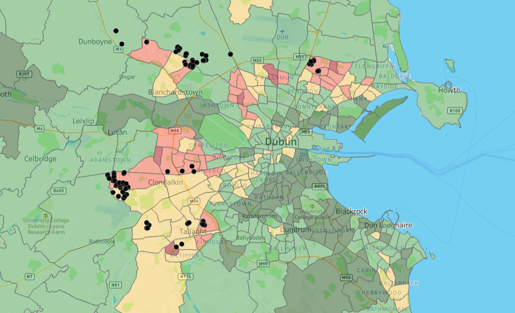 Color-coded map of Dublin, Ireland, showing different districts with varying colors, and black dots marking specific locations around the city.