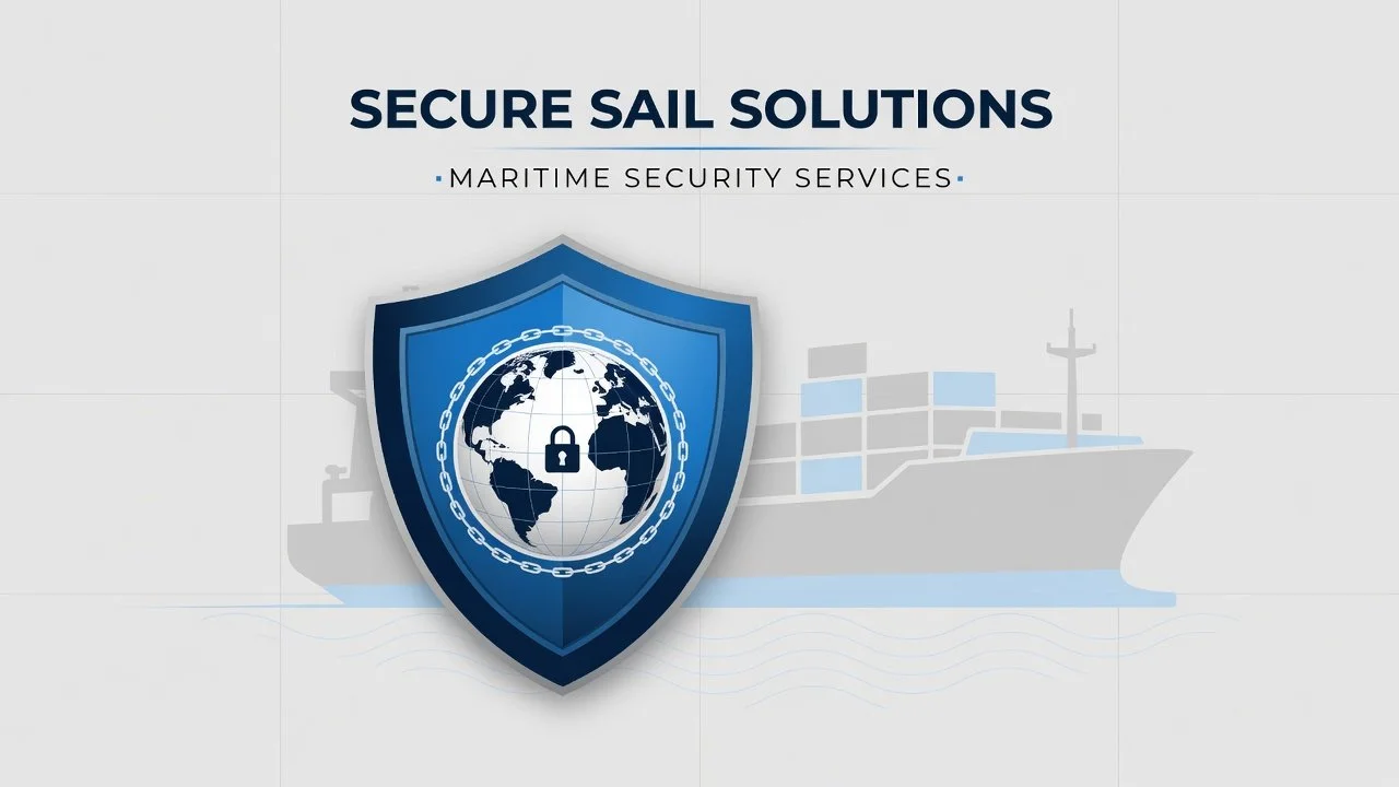 Graphic with a ship silhouette, a shield with a globe and lock symbols, and the text 'Secure Sail Solutions' and 'Maritime Security Services'.