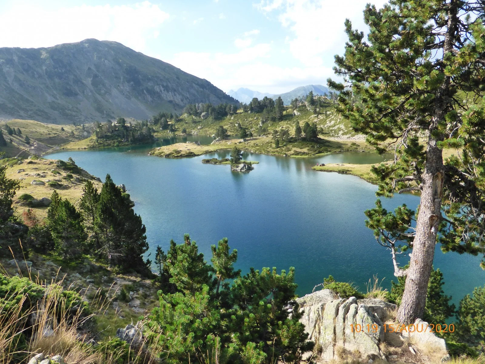 Lac de montagne entouré de verdure et de collines avec des arbres, avec un fond de montagnes sous un ciel partiellement nuageux.