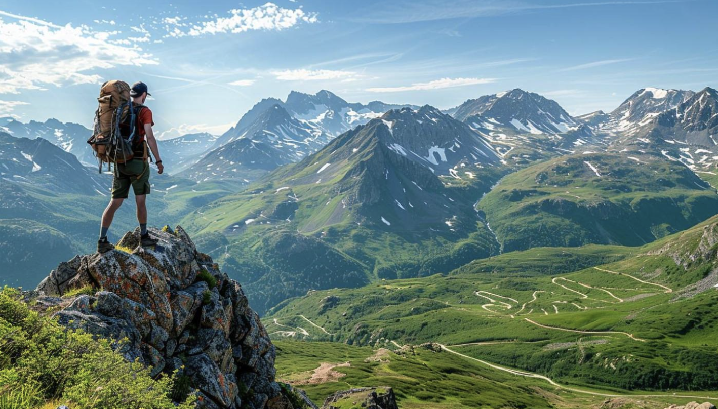 Un campeur avec un sac à dos regarde la vue sur une chaîne de montagnes verdoyante et enneigée sous un ciel bleu avec des nuages