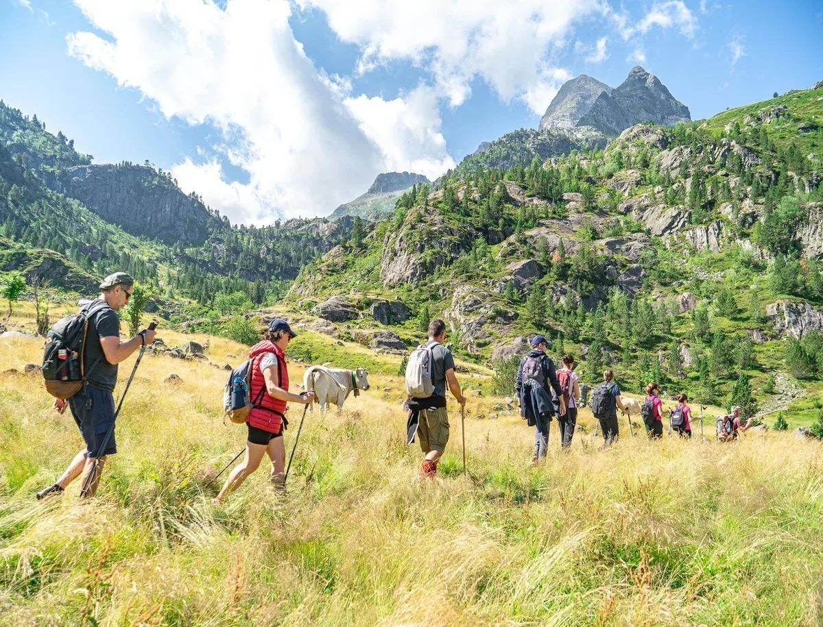 Groupe de randonneurs traversant une vallée verdoyante entourée de montagnes rocheuses sous un ciel partiellement nuageux.