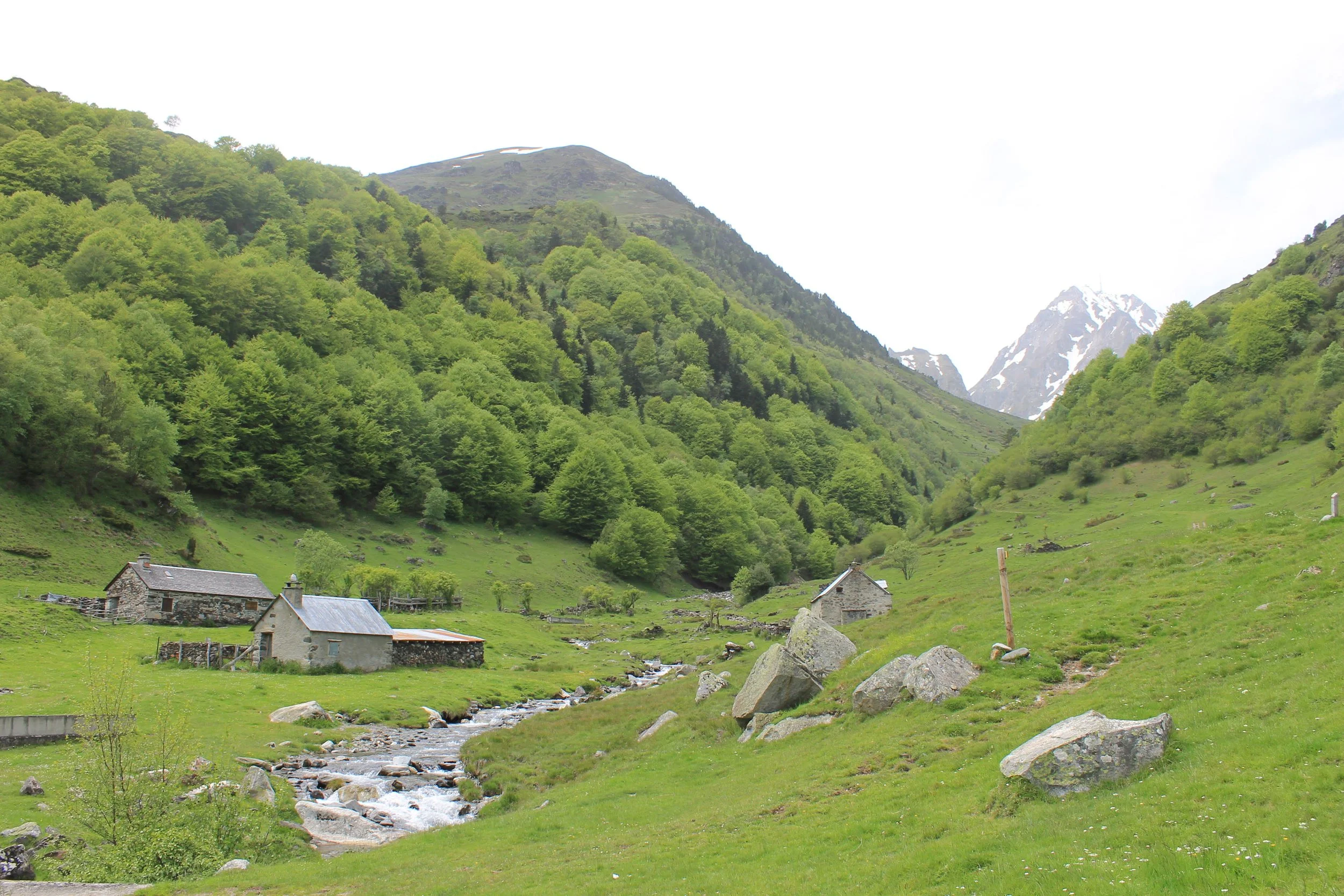 Paysage de montagnes verdoyantes avec un petit ruisseau, des maisons en pierre, et une montagne enneigée en arrière-plan.