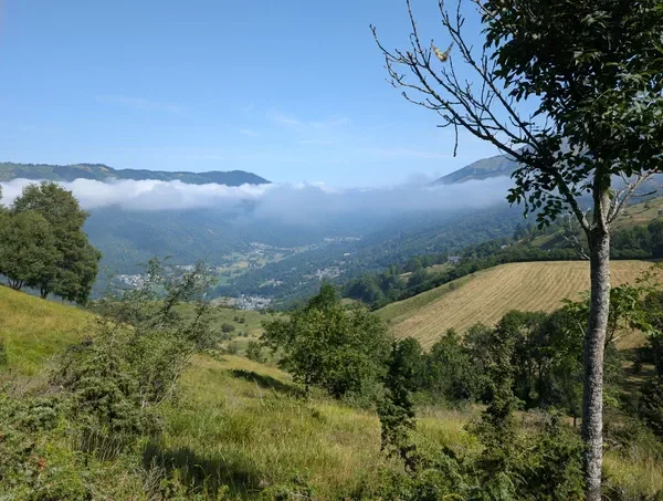 Paysage rural avec des collines verdoyantes, quelques arbres, et une vue sur une vallée entourée de montagnes et de nuages dans le ciel.