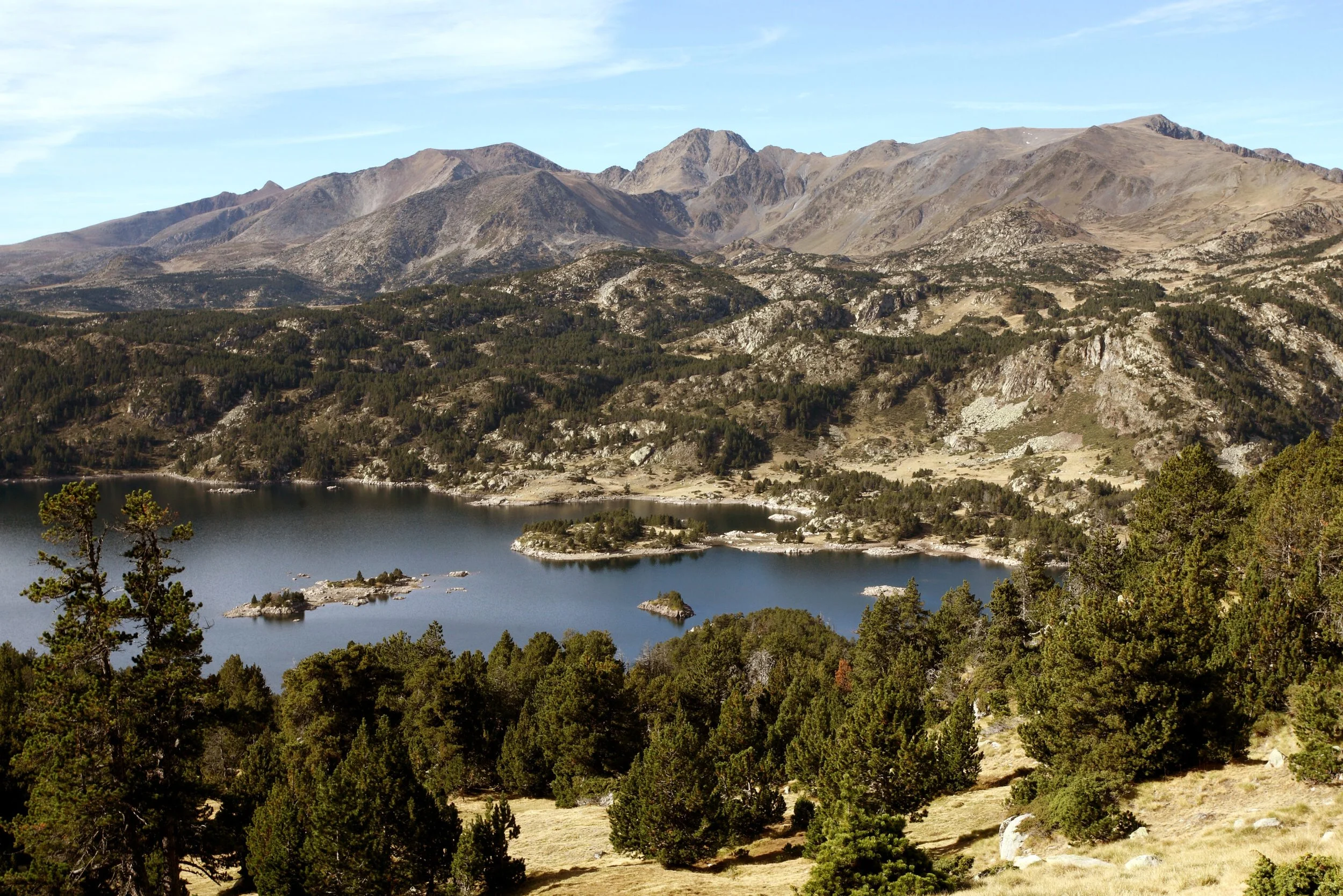 Lac entouré de montagnes escarpées et de forêt verdoyante, avec un ciel bleu clair.