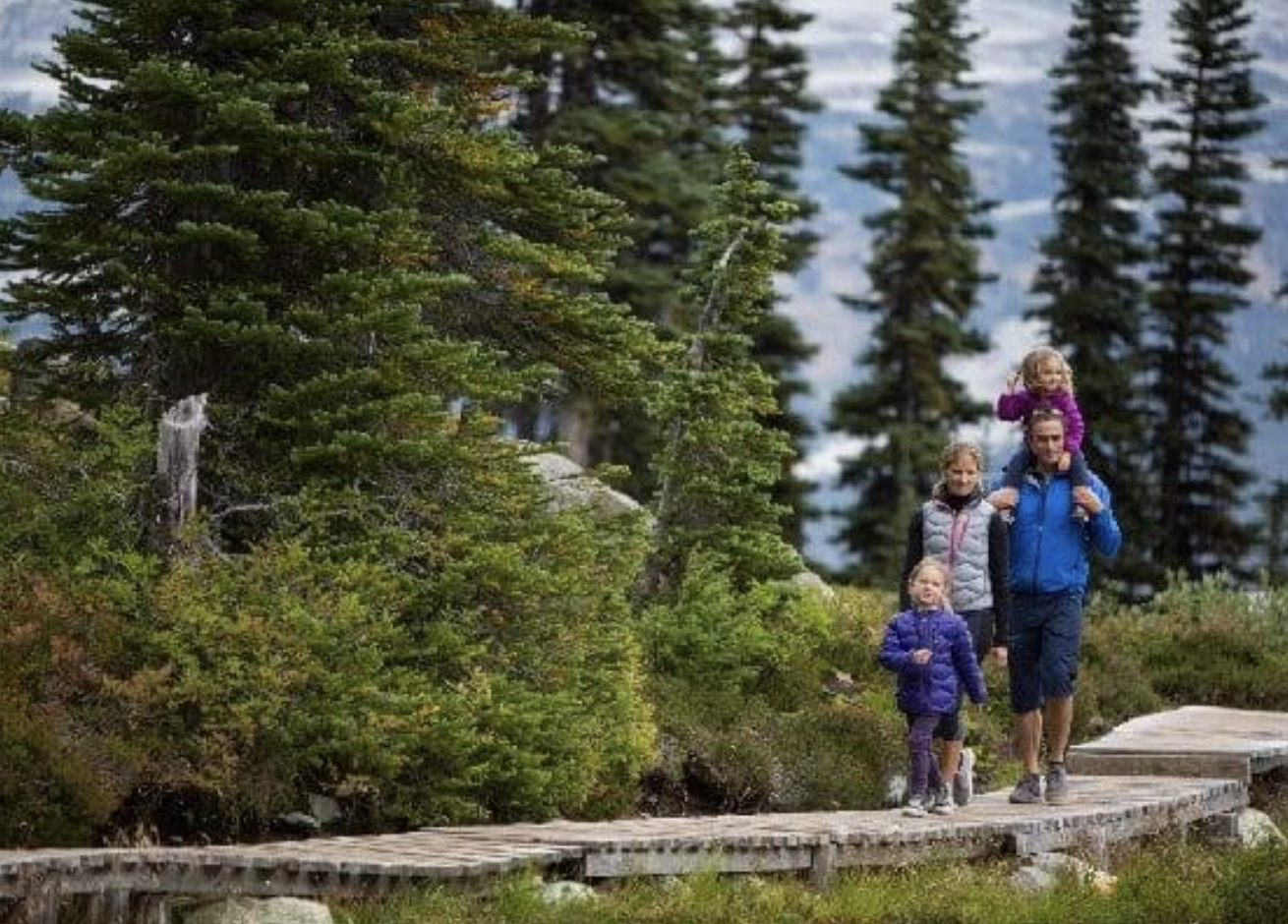Une famille de quatre personnes, un père et trois enfants, faisant une randonnée dans une forêt de conifères, avec un sentier en bois.