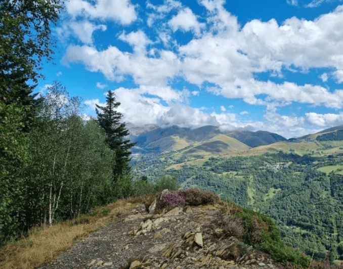 Paysage de montagnes verdoyantes avec un ciel partiellement nuageux, un chemin rocheux en premier plan et des arbres sur le côté gauche.