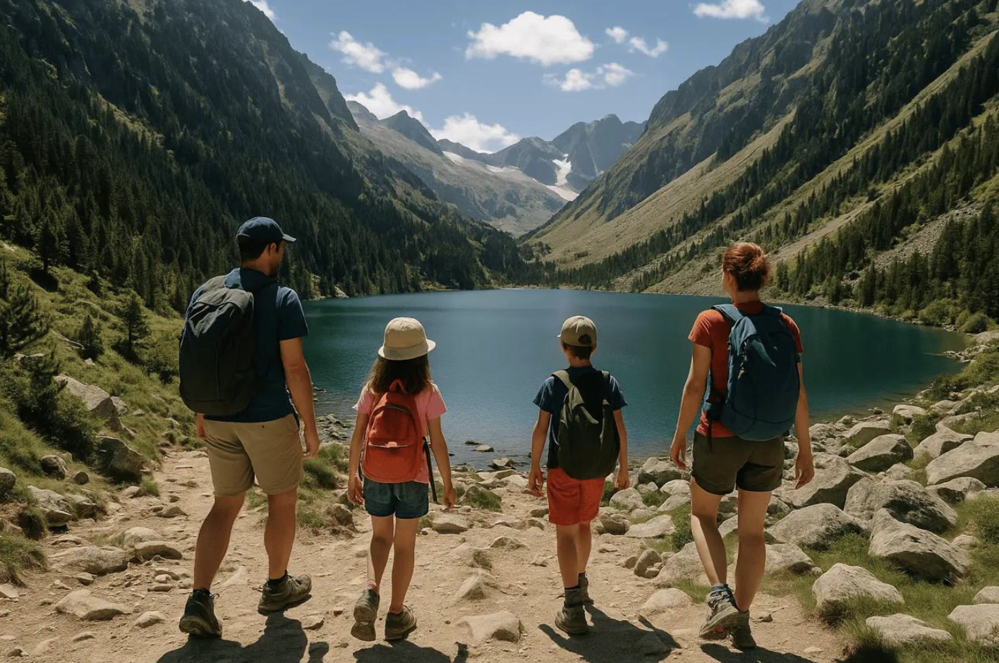 Un groupe de quatre personnes (deux adultes et deux enfants) fait une randonnée près d’un lac de montagne avec des montagnes verdoyantes en arrière-plan.
