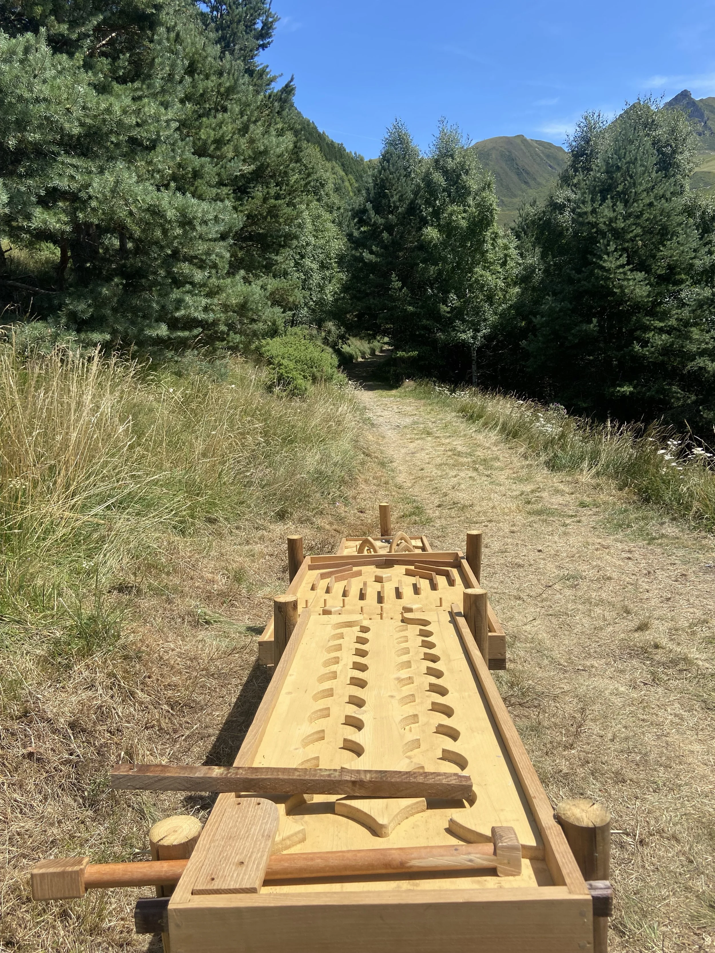 Un terrain de jeu en bois pour enfants avec un labyrinthe, situé en pleine nature avec des arbres verts, une piste de terre, et des montagnes en arrière-plan sous un ciel bleu clair.