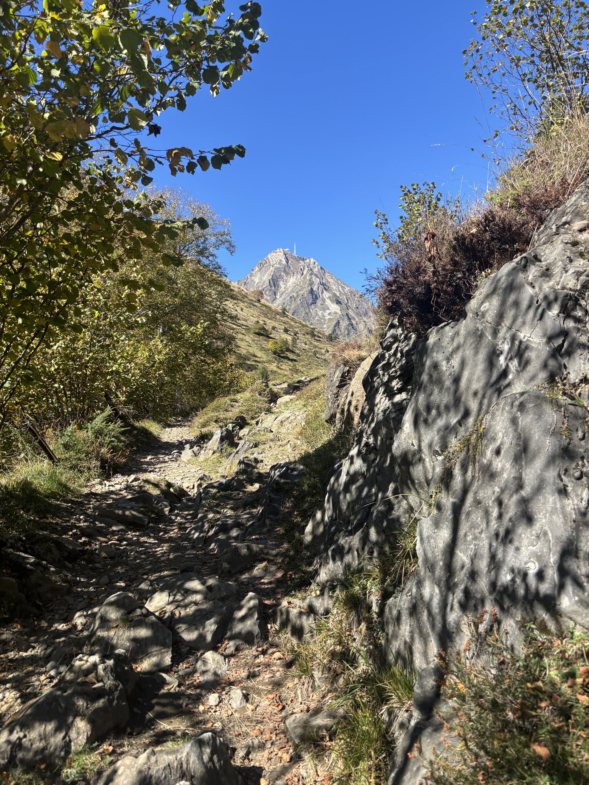 Sentier de randonnée entouré de rochers et de végétation, menant vers une montagne en arrière-plan sous un ciel bleu clair.