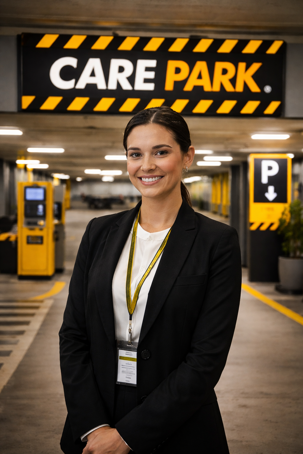 A woman in a black blazer and white blouse standing in a parking garage near a Care Park sign.