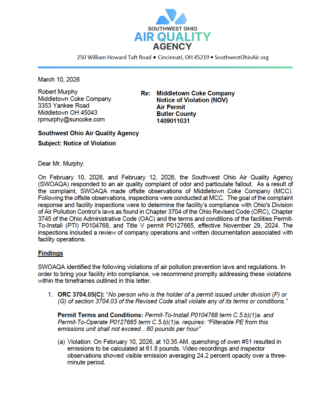 Image of notice of violation from Southwest Ohio Air Quality Agency