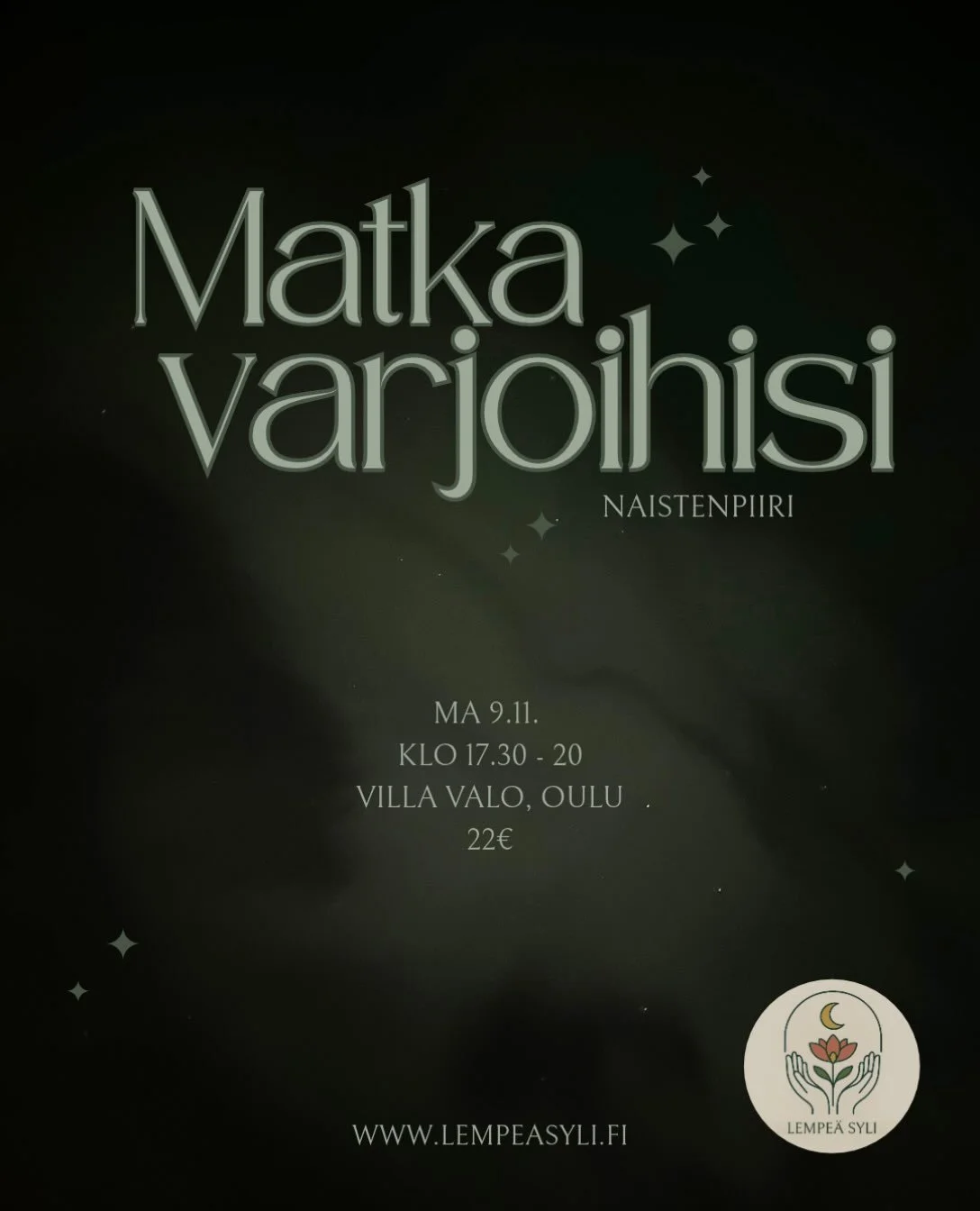 T&auml;m&auml; ilta on pyhitetty sinun varjoillesi. Niille puolille ja laaduille sinussa, jotka mielummin pit&auml;isit piilossa. Niille, joiden kohtaaminen saattaisi pelottaa tai aiheuttaa h&auml;pe&auml;&auml;. Pimenev&auml; ja itse&auml;&auml;n ri